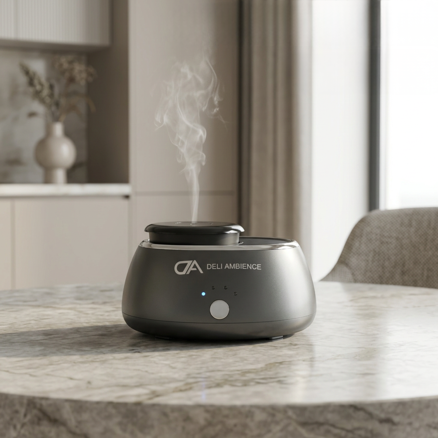 The DA Portable Scent Diffuser, in sleek black, emits vapor on a marble table in a softly lit modern room and features convenient USB-C rechargeable technology.