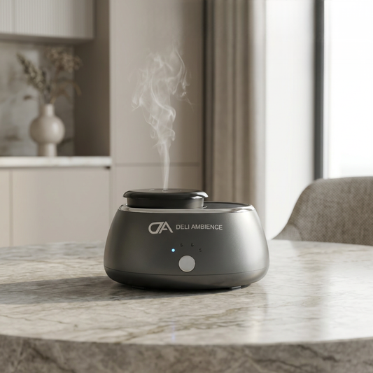 The DA Portable Scent Diffuser, in sleek black, emits vapor on a marble table in a softly lit modern room and features convenient USB-C rechargeable technology.