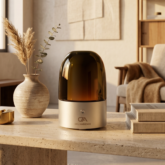 The DA Polaroid Lamp Scent Diffuser, featuring advanced technology and a dark amber top, rests on a light wooden table alongside books, a ceramic vase with dried grass, and a brass dish in a softly lit room.