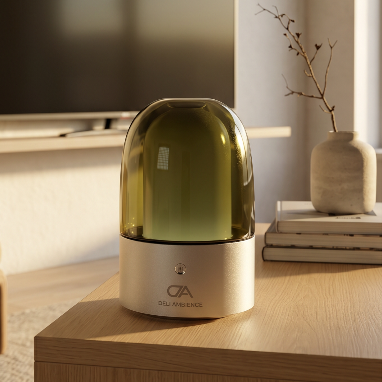 The DA Polaroid Lamp Scent Diffuser is a modern essential oil diffuser with a green-tinted dome and silver base labeled "DELI AMBIENCE," sitting on a wooden table beside stacked books and a vase with twigs.