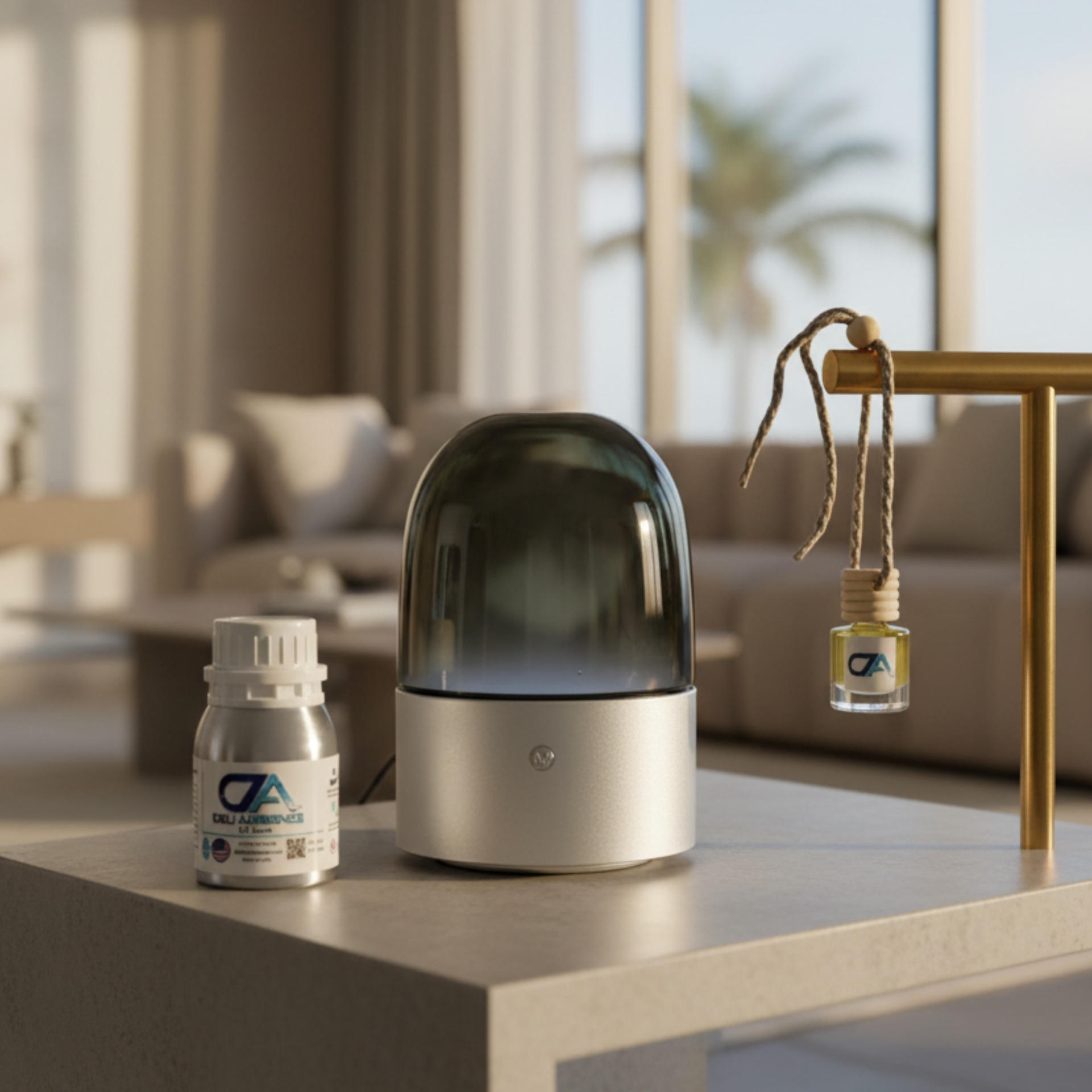 The DA Polaroid Bundle, featuring a Sea Water 100ml fragrance and a car air freshener, rests on a coffee table in a modern, sunlit living room with large windows overlooking a palm tree.