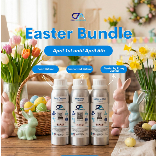 The Easter Bundle features three 250 ml Romy fragrances—Benz, Enchanted, and Santal—displayed among pastel Easter decor. Discover these exclusive home scents with our limited time offer: the Easter Bundle.