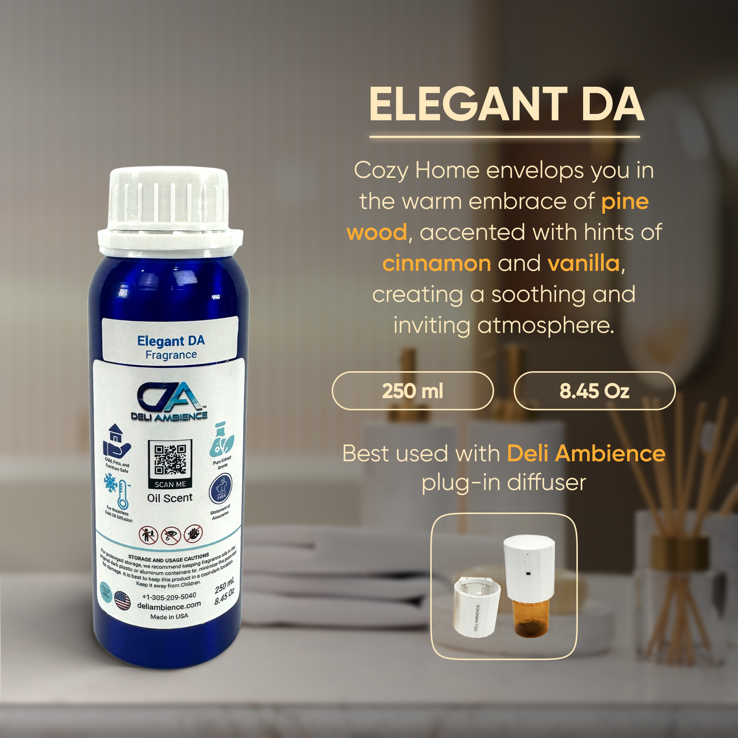 A 250ml bottle of Deli Ambience "DA Elegant" Oil Scent 250 ML, with pine wood, cinnamon, and vanilla scents, offering a luxurious aroma reminiscent of a luxury hotel experience. Recommended for use with the Deli Ambience plug-in diffuser.