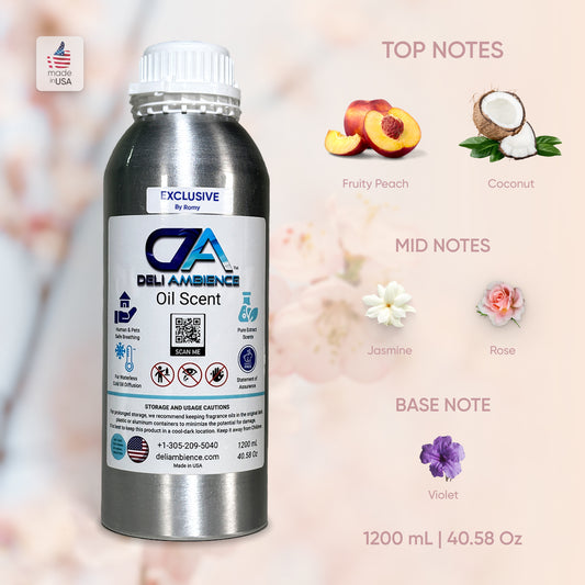 A 1200 mL bottle labeled "Exclusive by Romy Oil Scent" with a captivating aroma in the main focus. Scent notes listed are Fruity Peach, Coconut (top), Jasmine, Rose (mid), and Violet (base). Made in USA, this luxury fragrance promises an unforgettable olfactory experience.