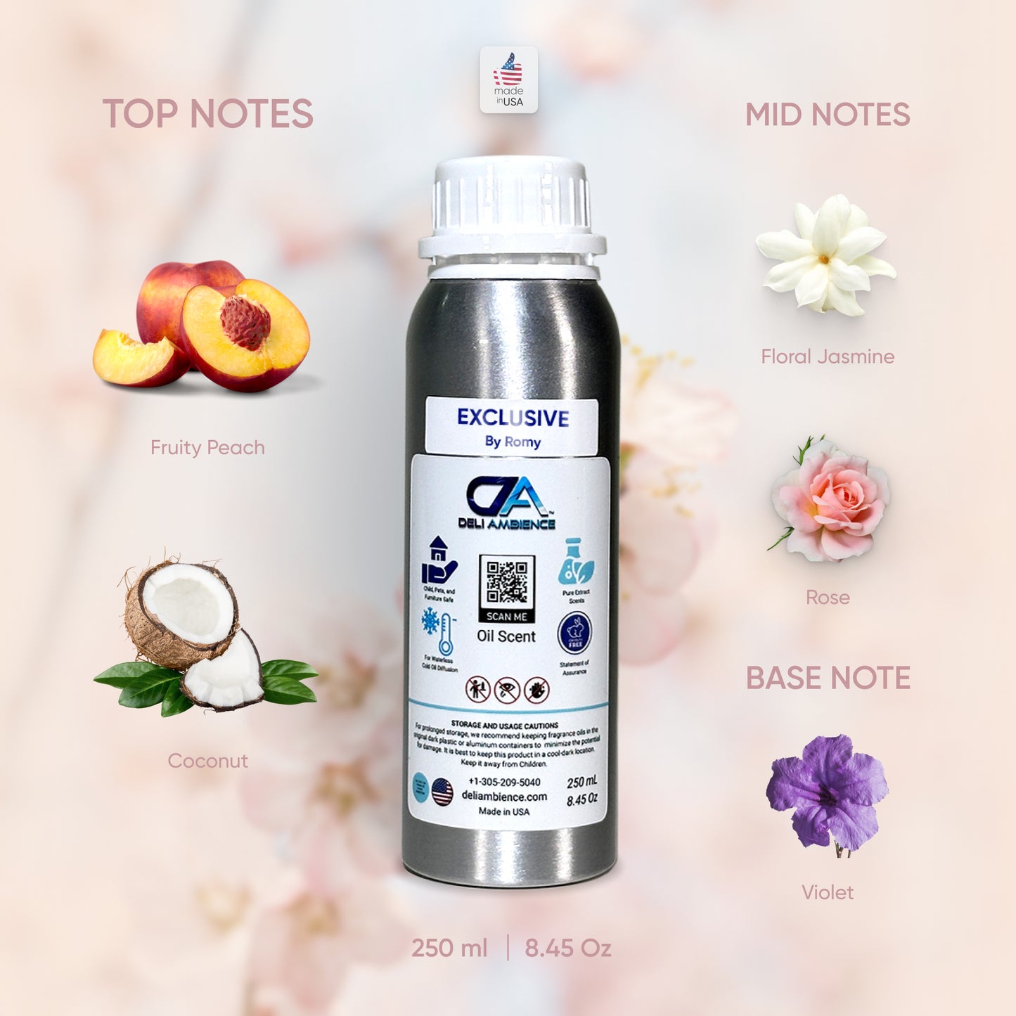 A 250 ml bottle of "Exclusive" oil scent by Romy offers a luxury fragrance, featuring captivating scent notes of fruity peach (top), floral jasmine and rose (mid), and violet (base), accompanied by an illustration of a coconut.