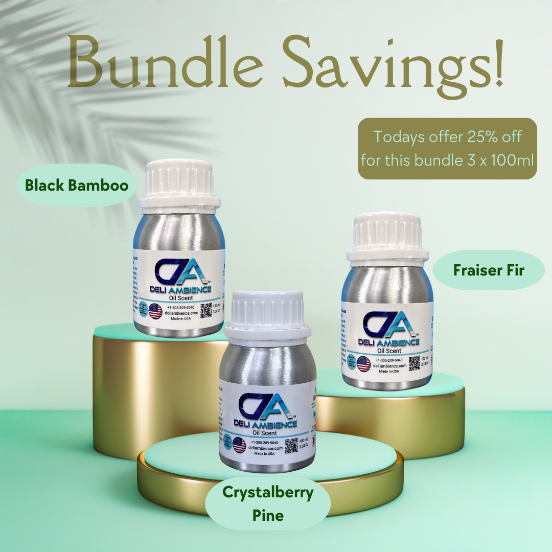 Explore the exclusive deal on the Fall Season Bundle 3 Bottles, each 100 ml, featuring essential oils in Black Bamboo, Fraiser Fir, and Crystalberry Pine—now available with an impressive 25% discount.