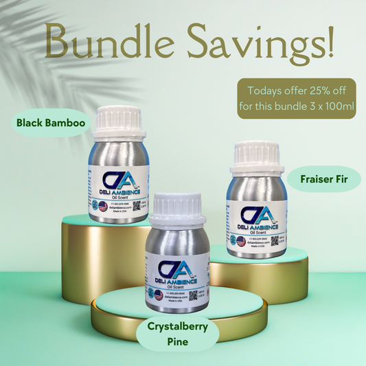 Explore the exclusive deal on the Fall Season Bundle 3 Bottles, each 100 ml, featuring essential oils in Black Bamboo, Fraiser Fir, and Crystalberry Pine—now available with an impressive 25% discount.