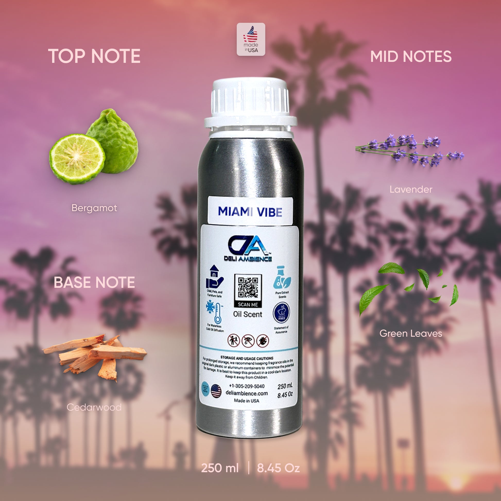 A 250 ml bottle of Miami Vibe Oil Scent, featuring top notes of bergamot, mid notes of lavender and green leaves, and a base note of musky driftwood, with palm trees and a sunset in the background.