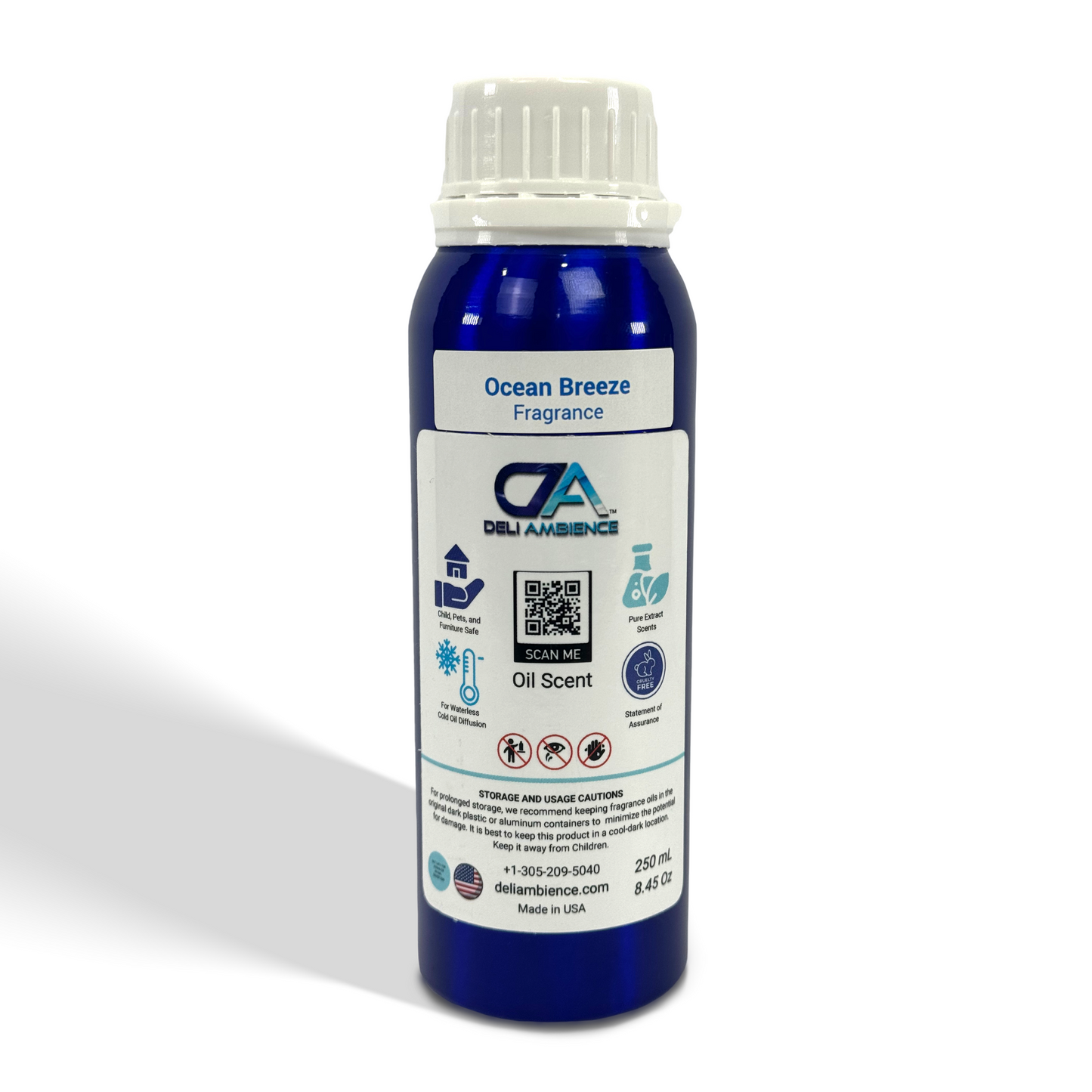 A blue cylindrical container labeled "DA Ocean Breeze" by Deli Ambience, featuring 250 ml or 8.45 oz of Deli Ambience "DA Ocean Breeze" Oil Scent 250 ML AZ. The bottle includes instructions, usage cautions, and a QR code. Enjoy the refreshing and rejuvenating qualities of this long-lasting aroma.