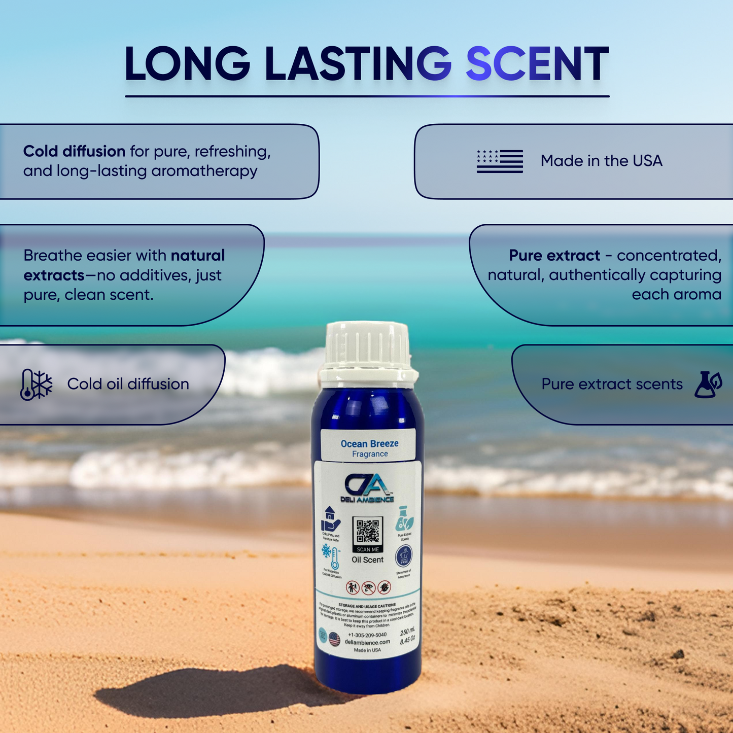 A bottle of Deli Ambience "DA Ocean Breeze" Oil Scent 250 ML AZ fragrance diffuser is on a sandy beach with the ocean in the background. Text highlights features such as cold diffusion, natural extracts, pure scent, and being made in the USA, emphasizing its refreshing and rejuvenating qualities.