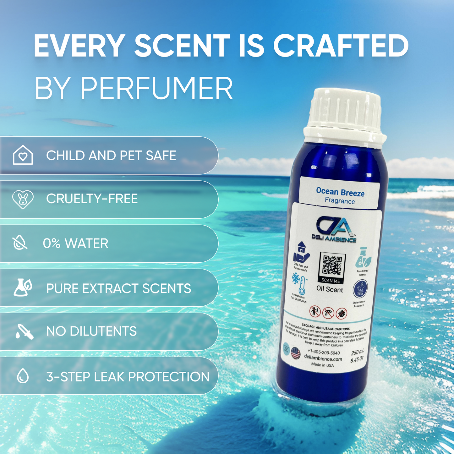 A bottle labeled "Deli Ambience 'DA Ocean Breeze' Oil Scent 250 ML AZ" against a background of ocean waves. Text highlights its refreshing and rejuvenating qualities, child and pet safety, cruelty-free status, 0% water, pure extract scents, no diluents, long-lasting aroma, and 3-step leak protection.