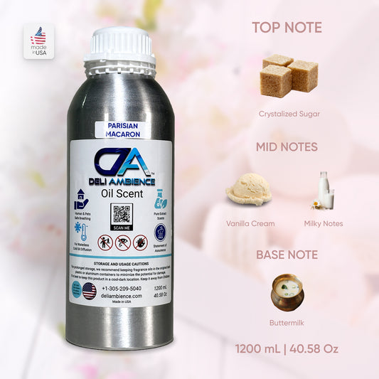 Introducing a 1200 mL bottle of Parisian Macaron Oil Scent by CA Deli Ambience, infused with the delightful fragrance of macarons. This exquisite scent features top notes of crystallized sugar, mid notes of vanilla cream and milky aromas, and a base note of buttermilk. Immerse yourself in the long-lasting aroma that perfectly captures Parisian charm.