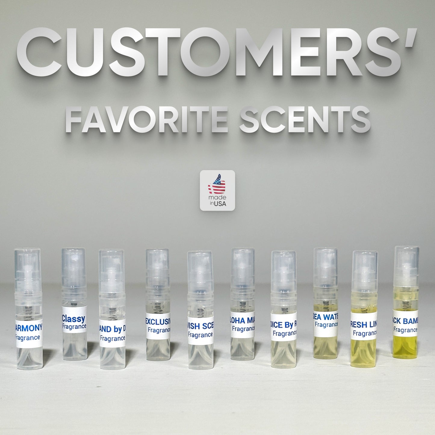 Ten mini room sprays, each labeled with different scents, are lined up against a white background. "Customers' Favorite Scents" is written above them, offering a delightful experience with the Fragrances Samples Pack.