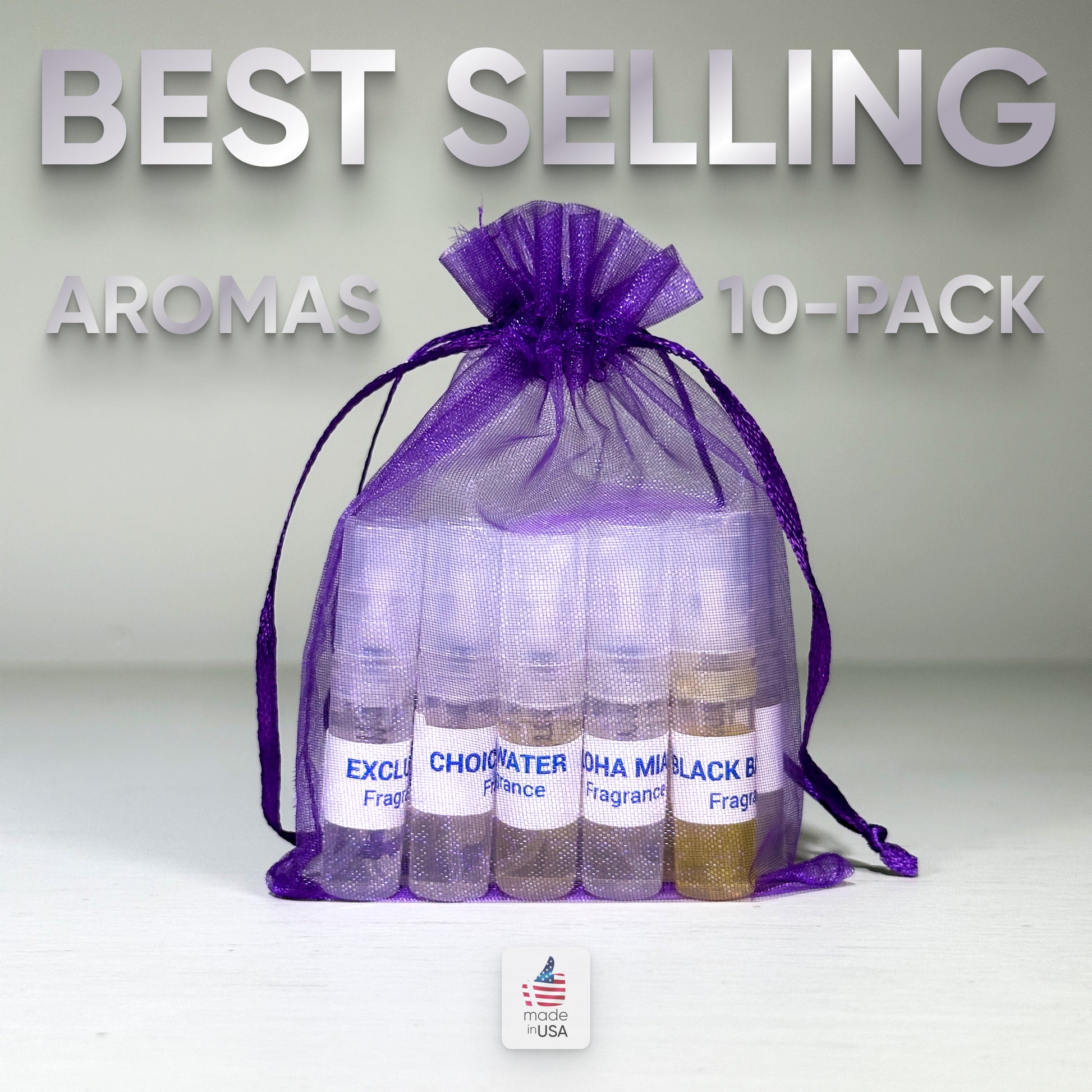 A purple mesh bag holds the Fragrances Samples Pack, which includes a 10-pack of top-selling fragrance vials and essential oils, forming the perfect sample collection. Made in the USA.