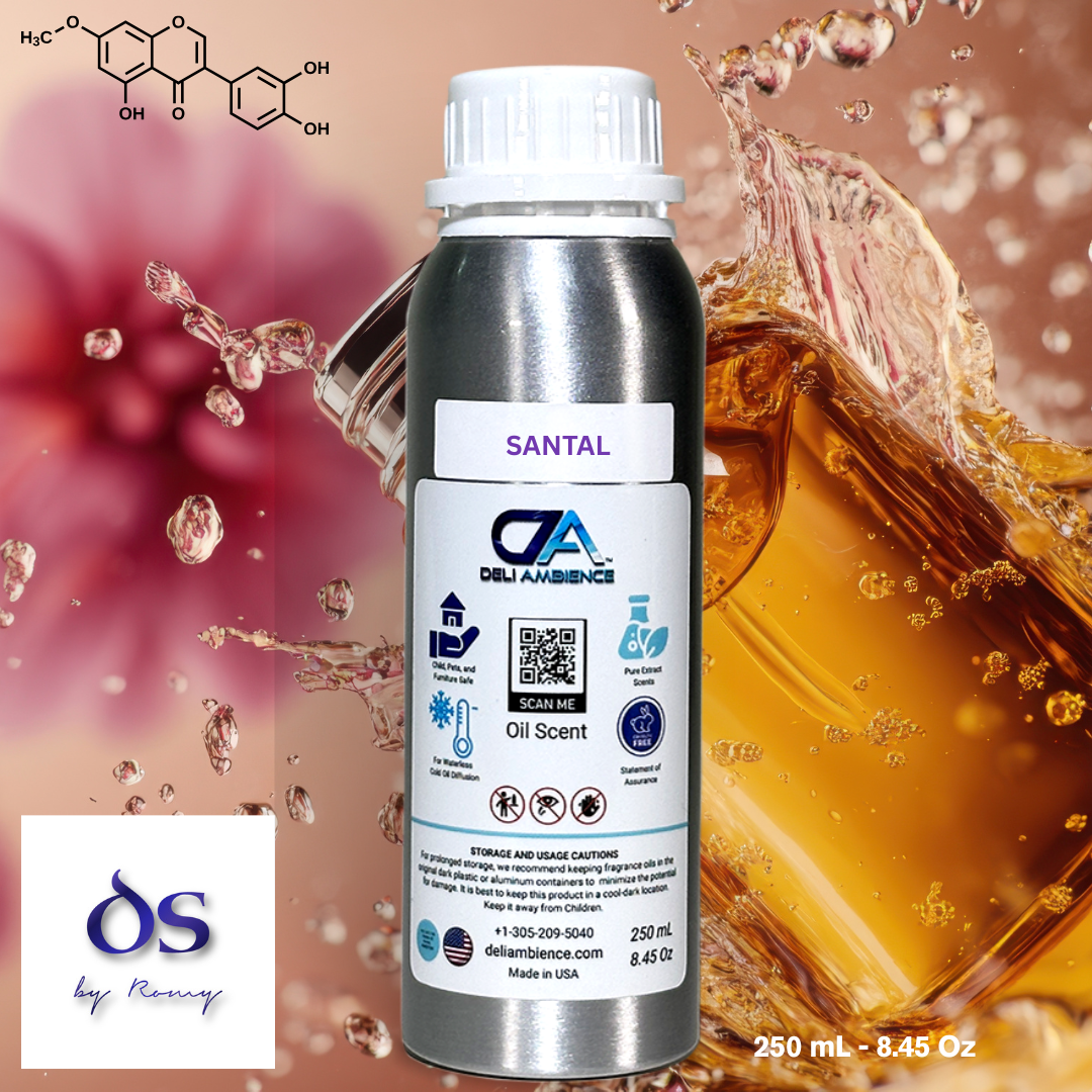 A 250 mL metal bottle labeled "Santal By Romy Oil Scent" is shown, featuring sandalwood and cedarwood perfume graphics with a chemical structure in the background.