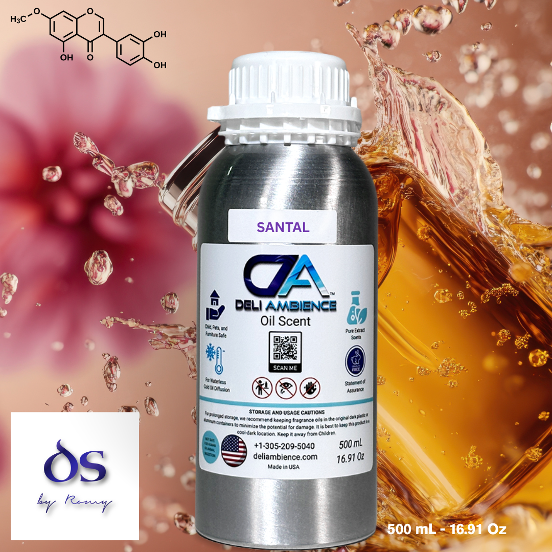A 500 mL silver bottle of Santal By Romy Oil Scent, enriched with sandalwood notes, is shown against swirling liquid with a chemical structure and ds by Remmy logo in the background.