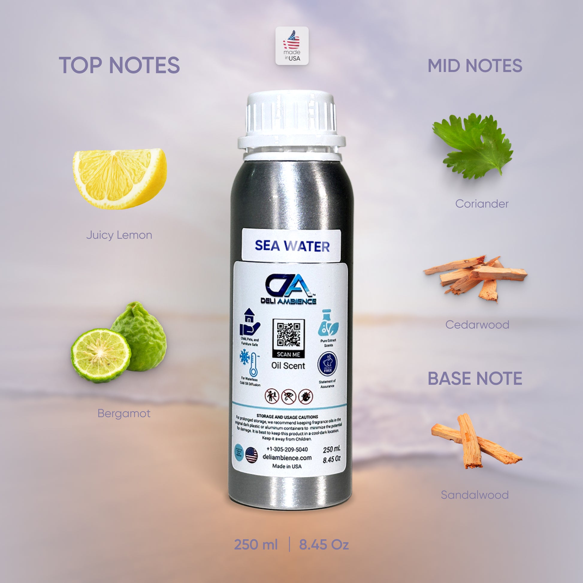 An image of a 250 ml metal bottle labeled "Sea Water Oil Scent" with details about top notes (juicy lemon, bergamot), mid notes (coriander, cedarwood), and base note (sandalwood). This oceanic fragrance promises relaxation and rejuvenation. Various icons accompany the text.