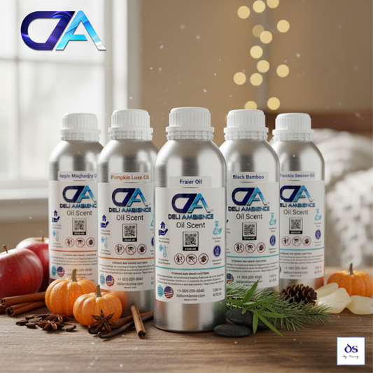 Five silver bottles from the Fall Season 2025 Bundle (5 Bottles of 100ml) are displayed on a wooden table with autumn decor—pumpkins and pine cones—making them the perfect addition to your seasonal setting.
