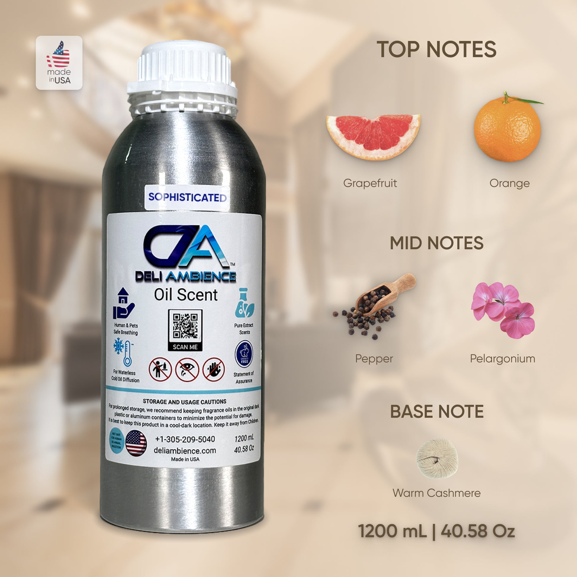 A 1200 mL bottle of Sophisticated Oil Scent from Deli Ambience, featuring exquisite notes of grapefruit, orange, pepper, pelargonium, and warm cashmere. This premium product includes detailed labeling and safety icons in the background.