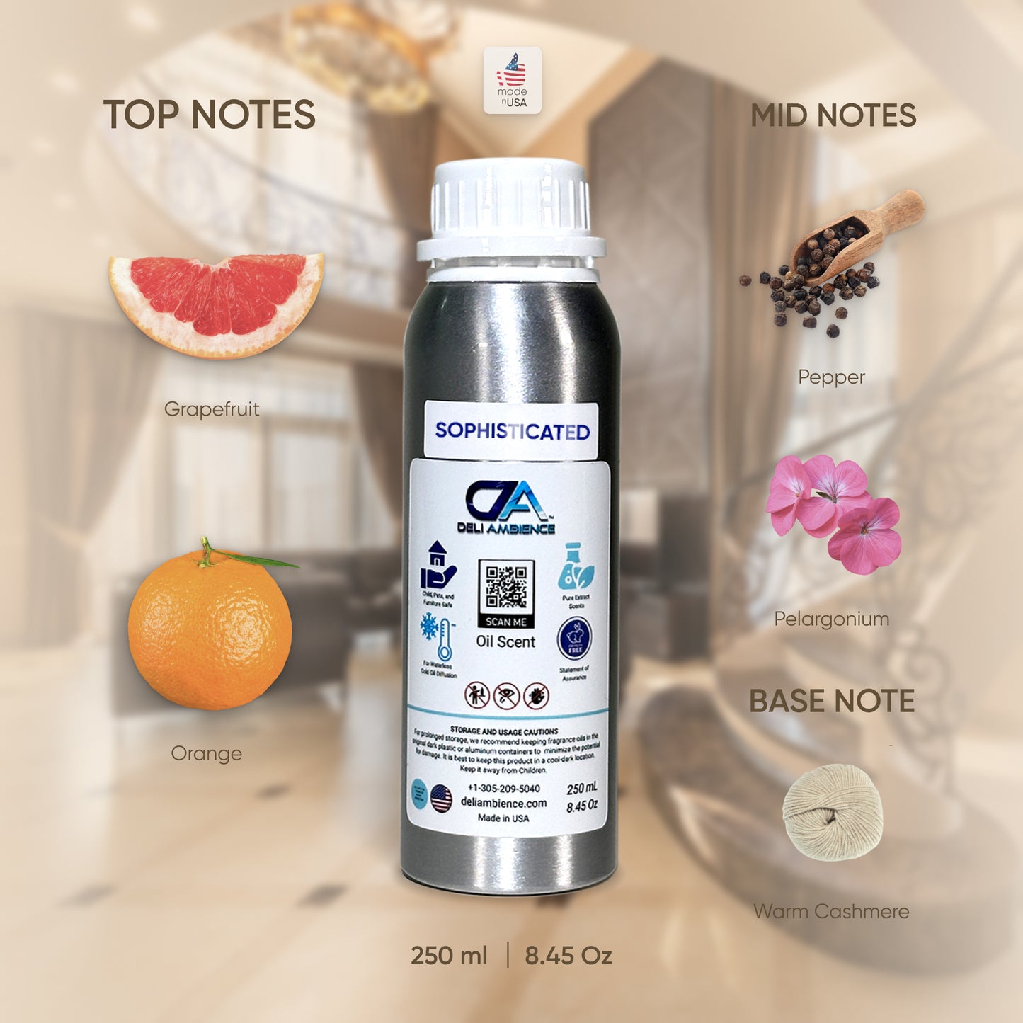 A 250 ml bottle of Sophisticated Oil Scent is showcased, captivating with its exquisite aroma profile featuring top notes of grapefruit and orange, mid notes of pepper and pelargonium, and a base note of warm cashmere. The background displays a blurred indoor ambiance, accentuating this premium product.