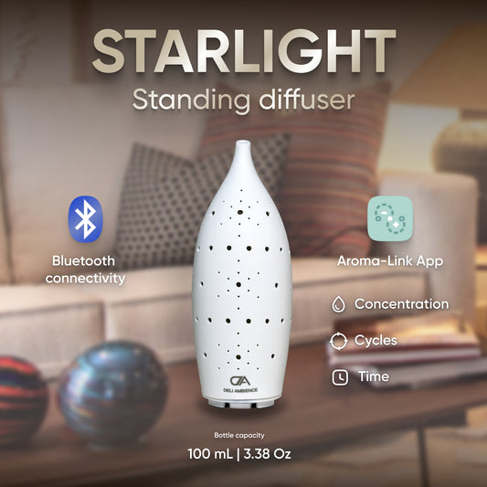 The elegant white Starlight Kit Scent Diffuser adorns the living room, providing Bluetooth connectivity and Aroma-Link app capabilities. Featuring nano-mist cold-air diffusion technology and a 100 mL capacity, it transforms any space into a fragrant haven.