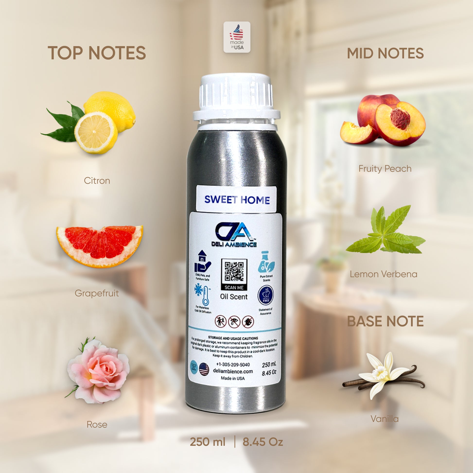 A 250 ml aluminum bottle of "Sweet Home Oil Scent" is displayed, surrounded by images of its top notes (citron, grapefruit), mid notes (fruity peach, lemon verbena), and base notes (rose, vanilla). This comforting oil scent will envelop your space in a cozy home fragrance.