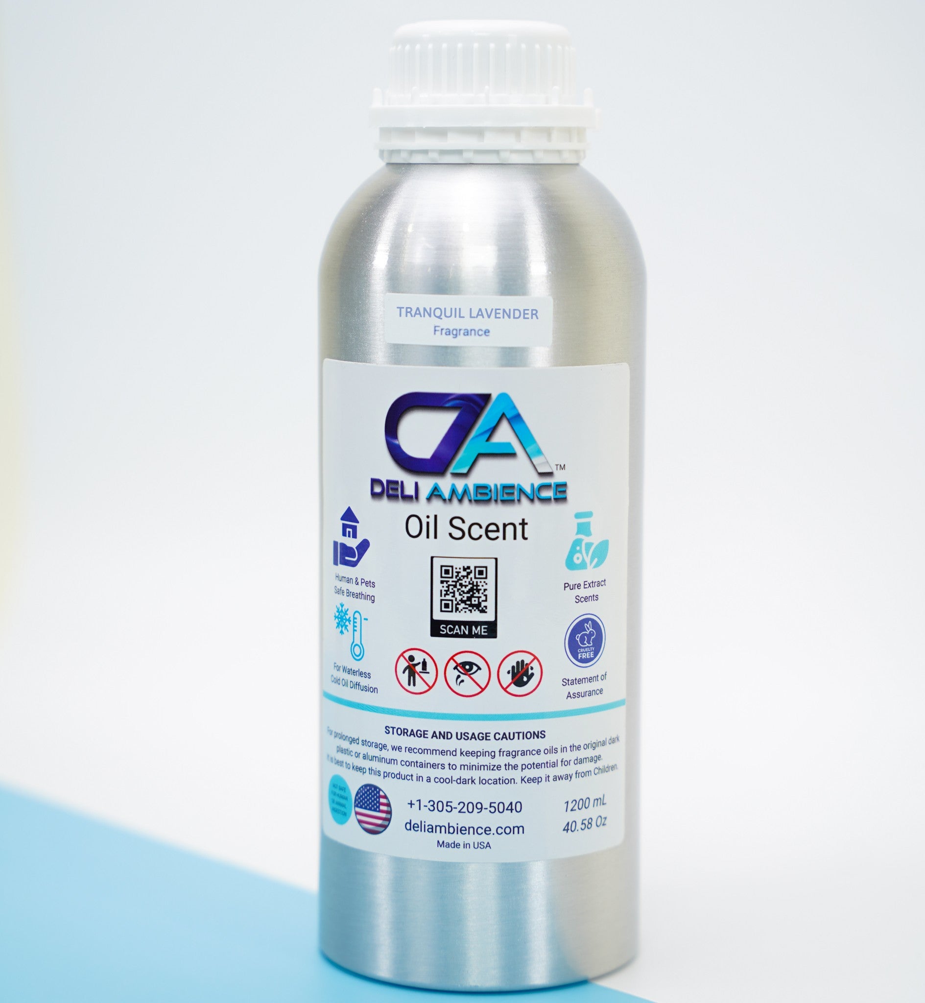 A silver bottle of Tranquil Lavender Oil Scent, labeled "tranquil lavender oil scent, fragrance lavender" with a qr code and various icons indicating product features, displayed against a blue and white background.