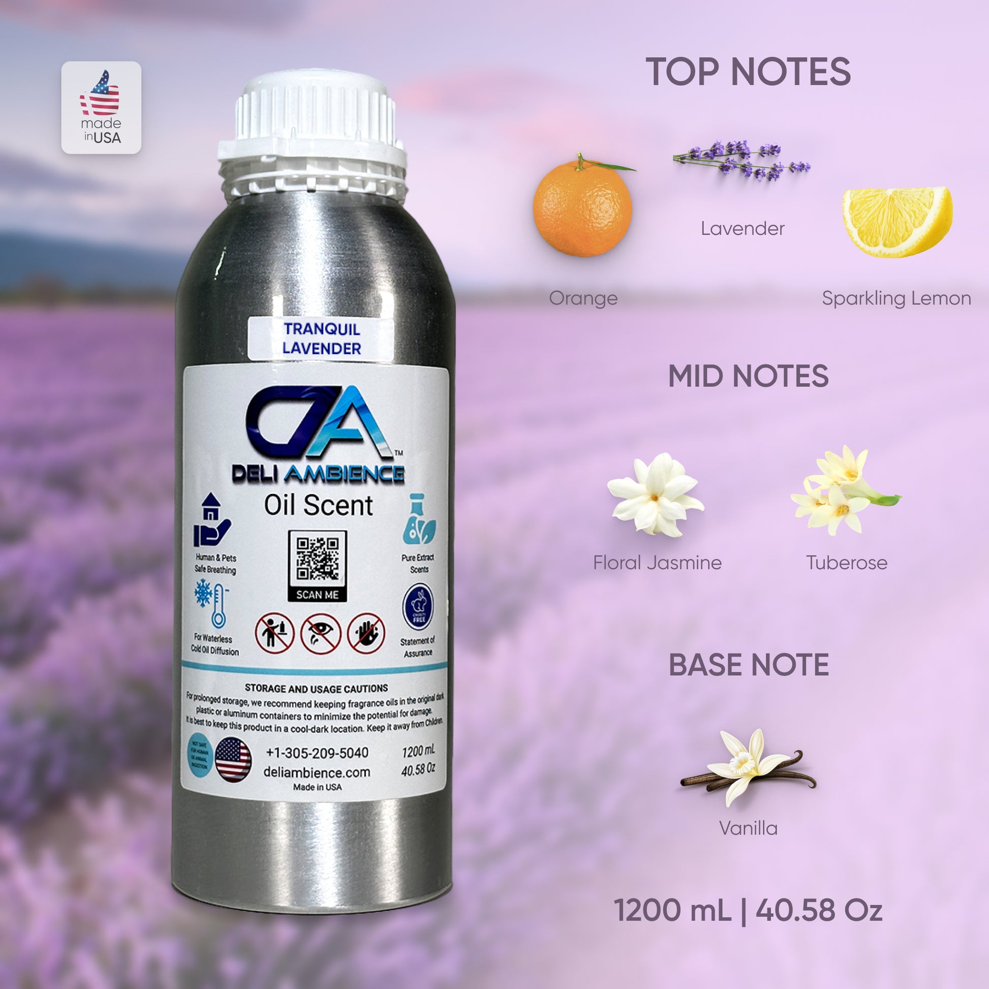 A silver bottle of Tranquil Lavender Oil Scent from Deli Ambience, exuding an aroma with notes of orange, lavender, lemon, jasmine, tuberose, and vanilla, is set against a lavender field backdrop.