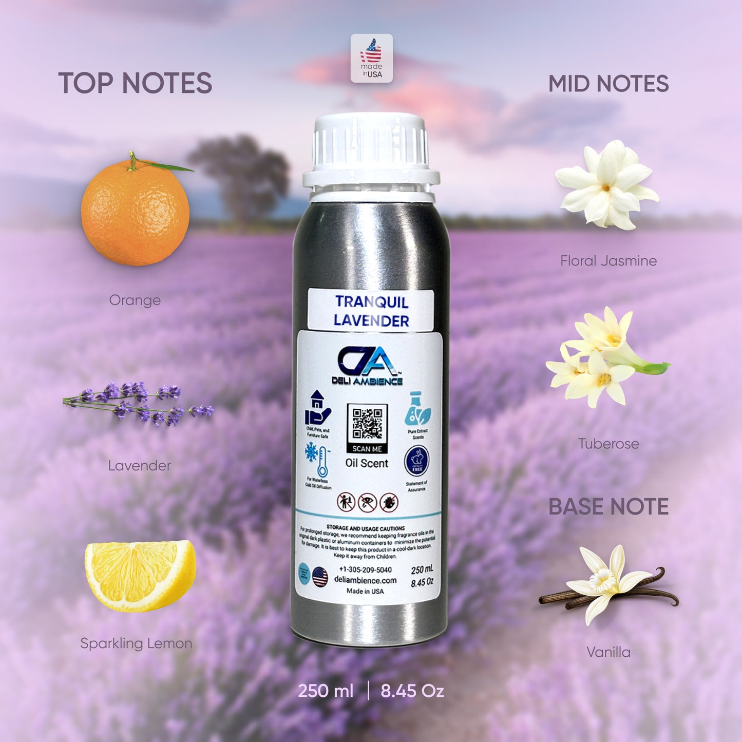 A 250 ml bottle of Tranquil Lavender Oil Scent is beautifully displayed against a lavender field background, featuring labeled images of its top notes (orange, lavender, and sparkling lemon), mid notes (floral jasmine and tuberose), and base note (vanilla) to evoke an aroma of pure tranquility.