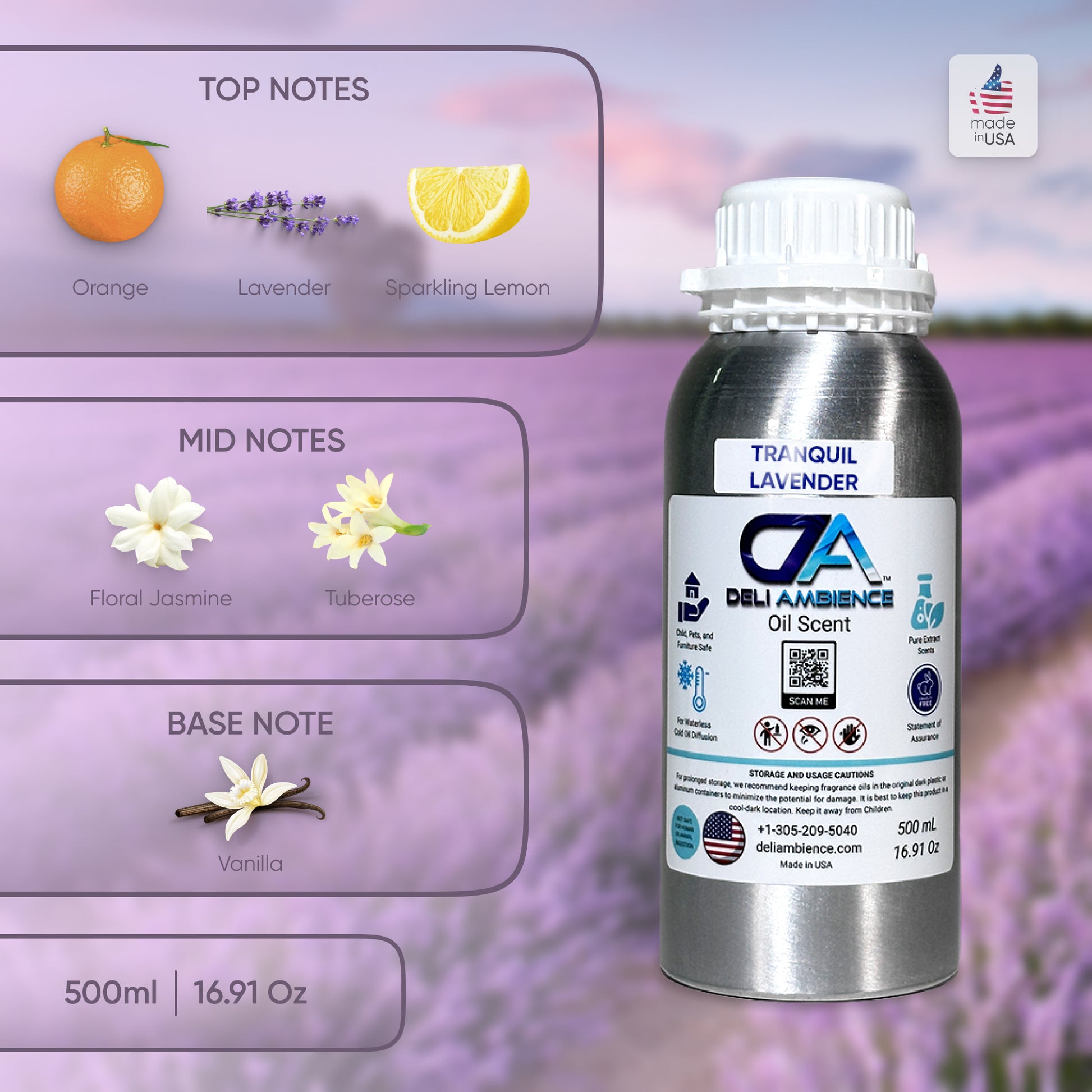 A 500 ml (16.91 oz) bottle of "Tranquil Lavender Oil Scent," featuring notes of orange, lavender, lemon, jasmine, tuberose, and vanilla, is shown against a lavender field backdrop. Made in the USA, this product captures the essence of tranquility.