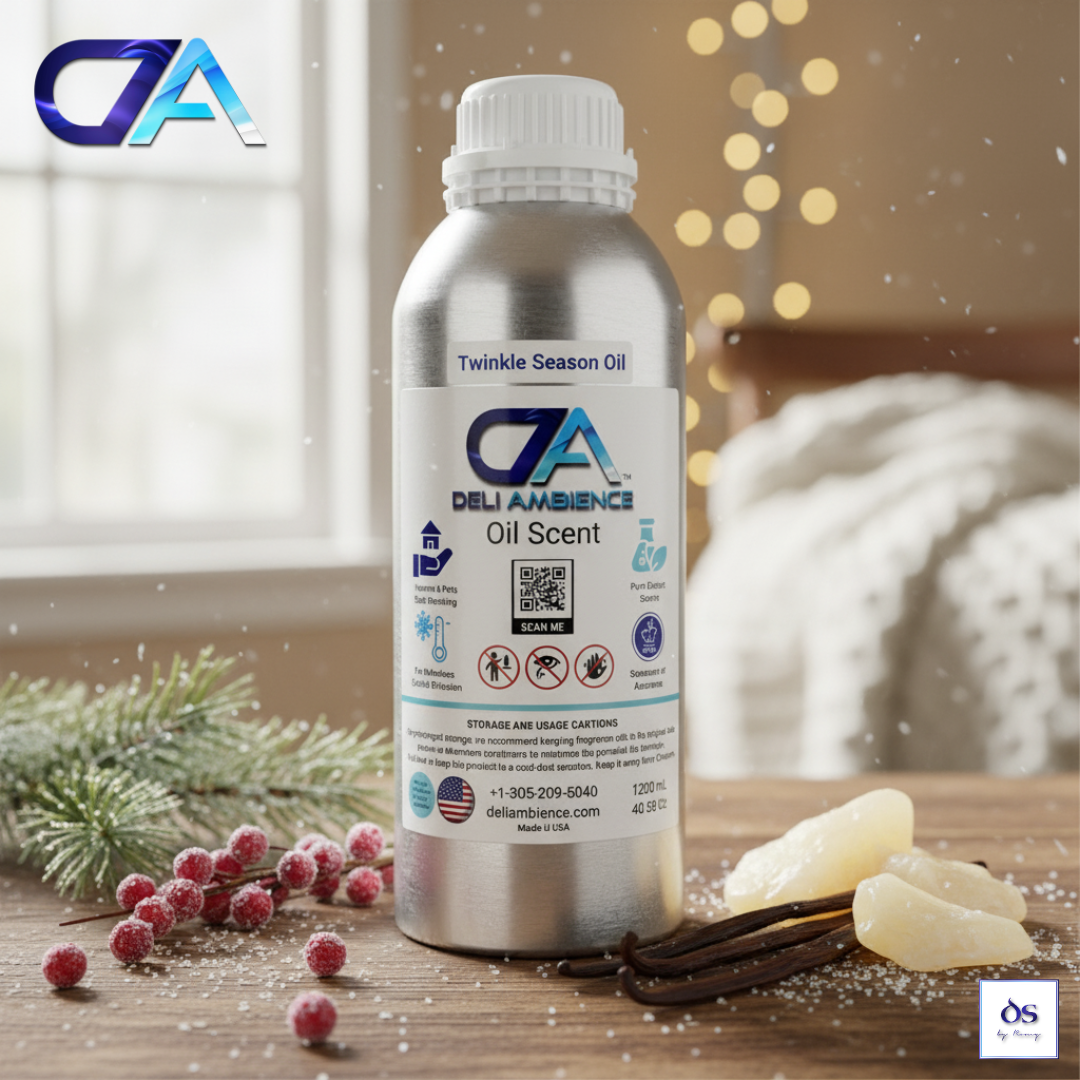 A silver bottle labeled "Twinkle Season Oil Scent" sits on a wooden surface, surrounded by pine branches, winter berries, and wax melts in the foreground for a touch of seasonal elegance.