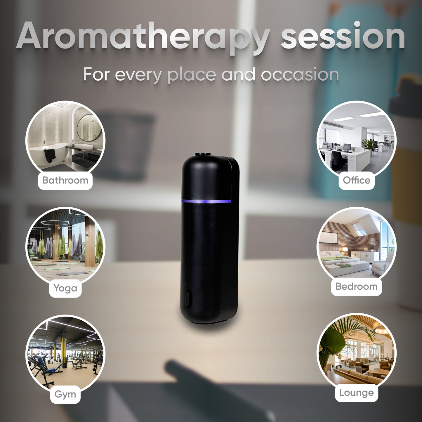 The Ultrasonic Aroma Portable Diffuser, featuring a glowing blue accent line and available in black, effortlessly integrates into any environment—be it a bathroom, office, yoga studio, bedroom, gym, or lounge—for an aromatherapy session focused on stress relief and tranquility.