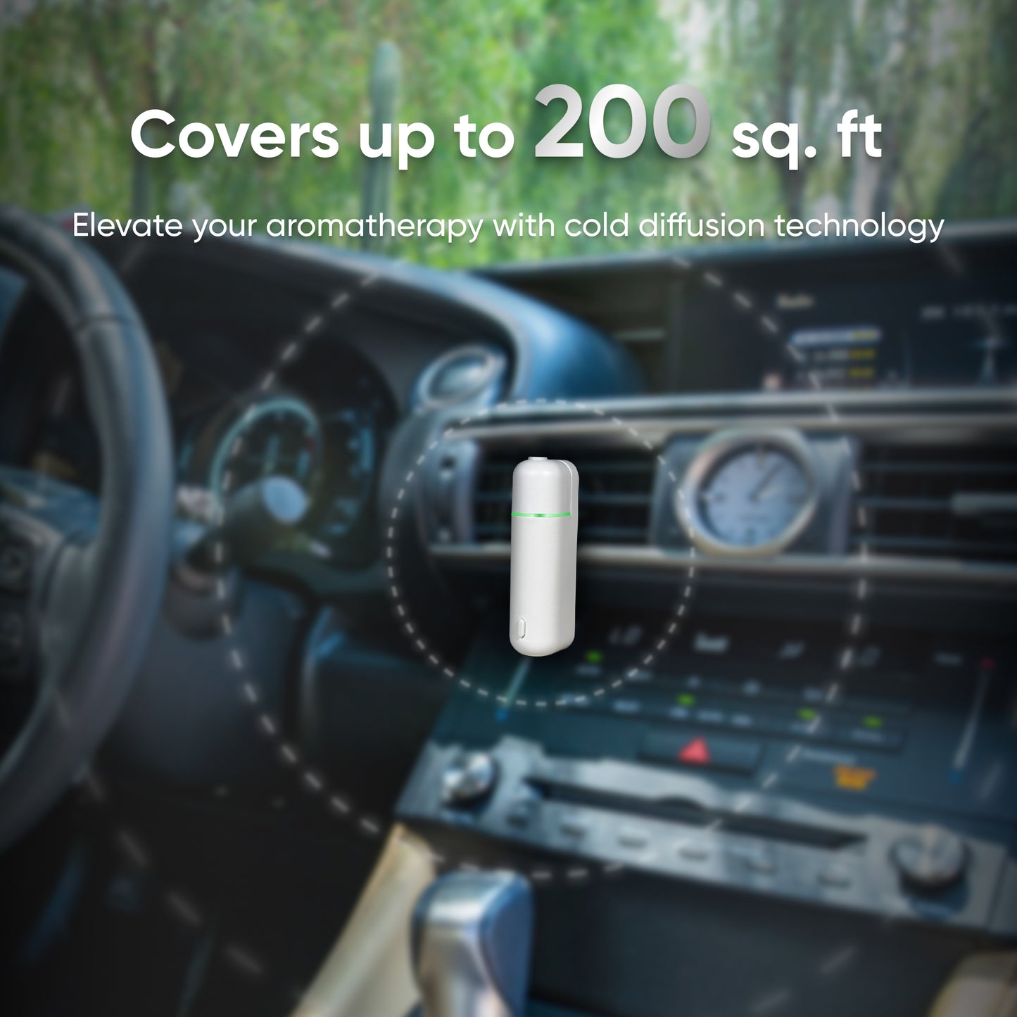 In front of a softly out-of-focus car dashboard, the Ultrasonic Aroma Portable Diffuser enhances your aromatherapy and stress relief experience by utilizing cutting-edge cold diffusion technology to cover up to 200 square feet.