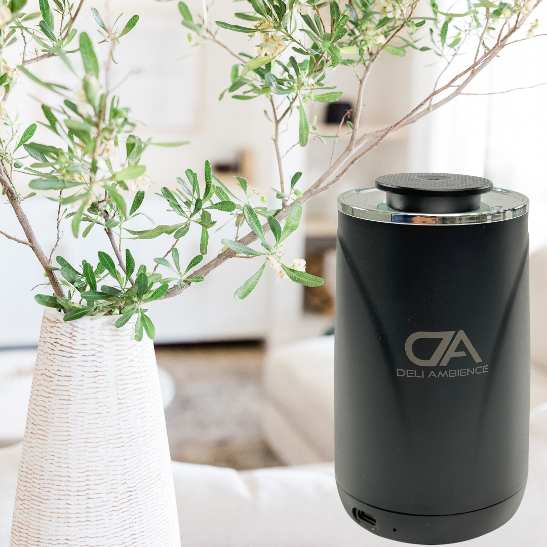 A black air purifier with "Deli Ambience" branding sits next to a white vase holding green branches in a bright, modern room, complemented by the Venus Oil Diffuser with Sea Water Scent 100ml Bundle for an enhanced aromatherapy experience.