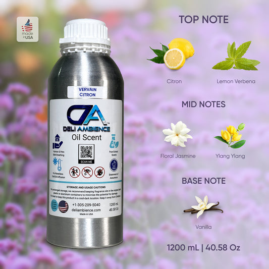 A metal bottle labeled "Verveine Citron Oil Scent" is placed on a blurred floral background. Nearby, illustrations depict the top notes (citron, lemon verbena), mid notes (jasmine, ylang-ylang), and base notes (vanilla and sandalwood).