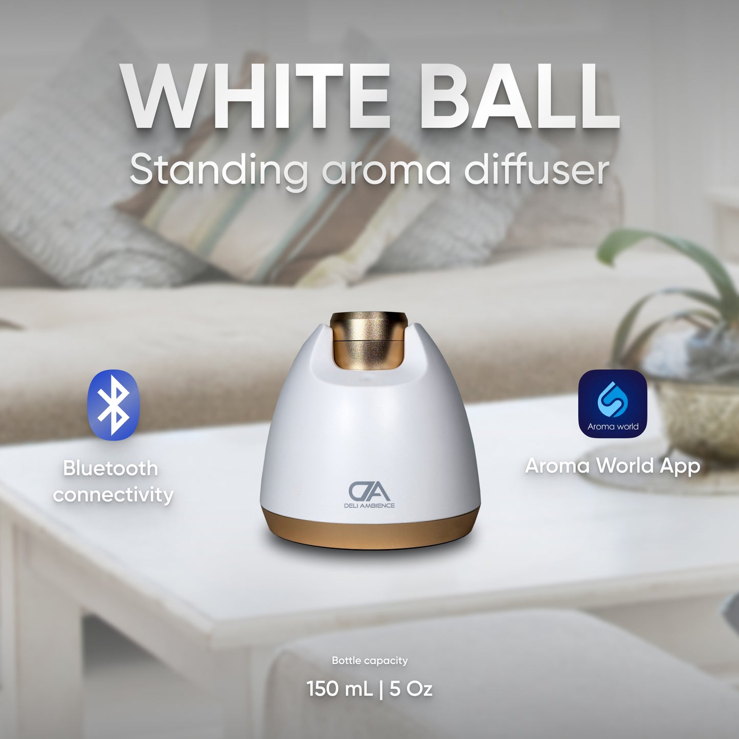 The DA White Ball Scent Diffuser in white, featuring gold accents, stands elegantly on a table. Enhanced by Bluetooth connectivity and the Aroma World App, it boasts a modern appeal with a 150 mL (5 oz) bottle capacity, ideal for filling your space with delightful aromas.