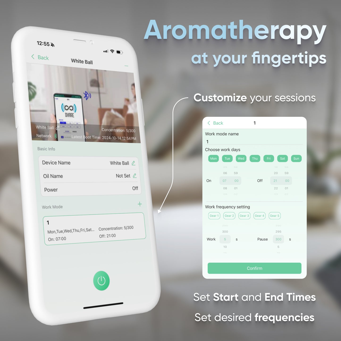 The DA White Ball Scent Diffuser in white, with Bluetooth connectivity, is showcased on phone screens running an aromatherapy app interface. It offers features such as session customization, start and end times, and frequency settings.