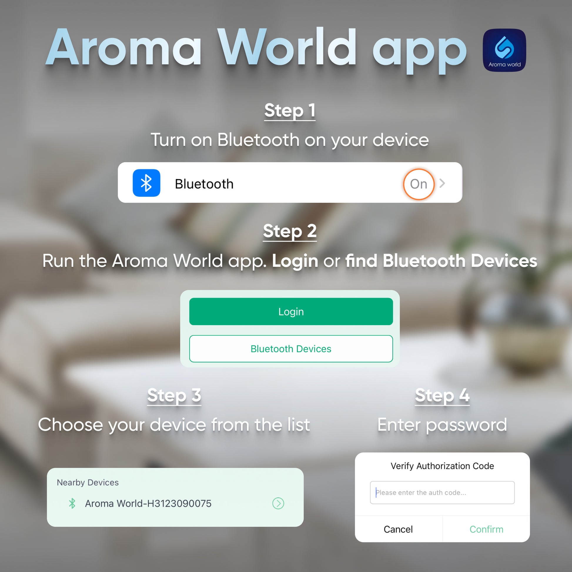 A step-by-step guide for connecting your DA White Ball Scent Diffuser White - Bluetooth to the Aroma World app via Bluetooth, covering login, device selection, and password entry.