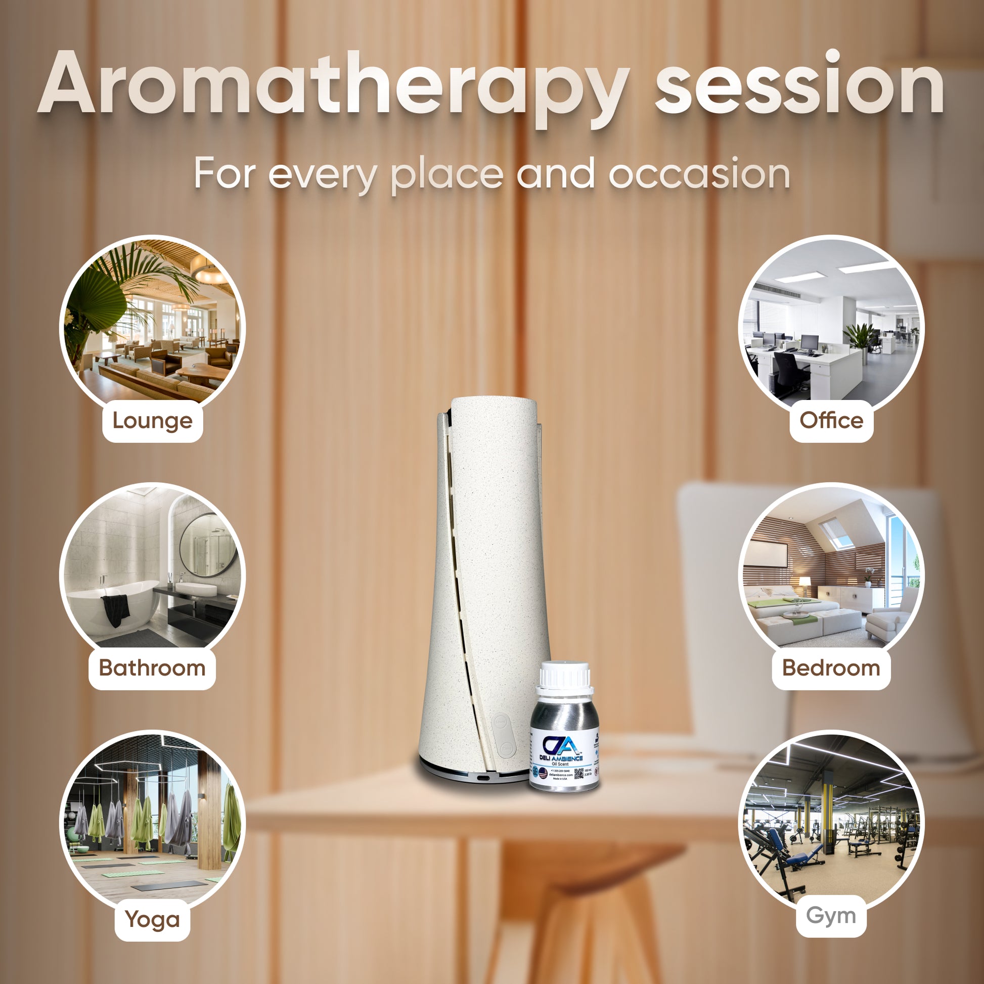 Aromatherapy device with an oil bottle on a table, surrounded by room options: lounge, office, bathroom, bedroom, yoga studio, and gym. Text: "Transform any space into a serene retreat for all occasions with our Volcano Oil Diffuser White - Bluetooth.