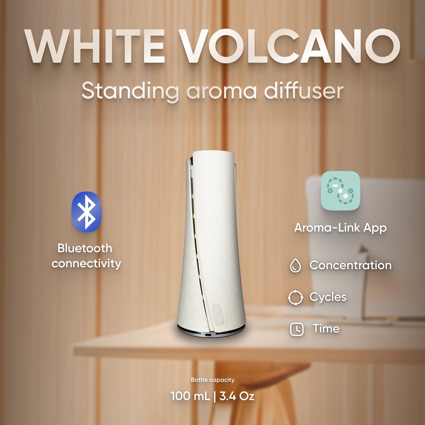 A Volcano Oil Diffuser White - Bluetooth adds calming oasis vibes to the table. With Bluetooth connectivity and an Aroma-Link app, you can easily control its concentration, cycles, and timing. It offers a 100 mL (3.4 oz) capacity for your favorite essential oils.