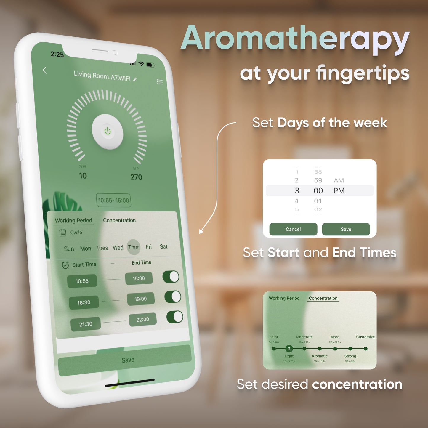 A smartphone showcasing an aromatherapy app interface allows you to choose the days of the week, start and end times, and essential oil concentration levels. In the background, a blurred room becomes a serene oasis with the Volcano Oil Diffuser White - Bluetooth enhancing your experience.