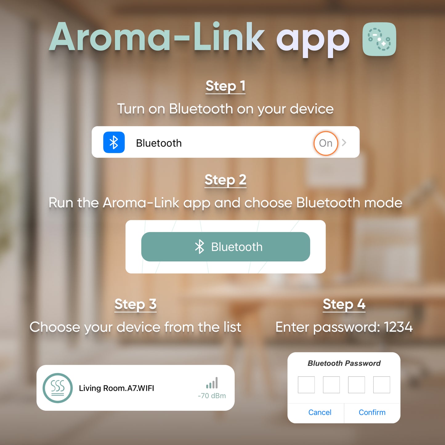 Instructions for the Aroma-Link app: 1. Turn on Bluetooth. 2. Launch the app and select Bluetooth mode. 3. Choose your device, such as the Volcano Oil Diffuser White - Bluetooth, to transform your space into a calming oasis with essential oils. 4. Enter password: 1234.