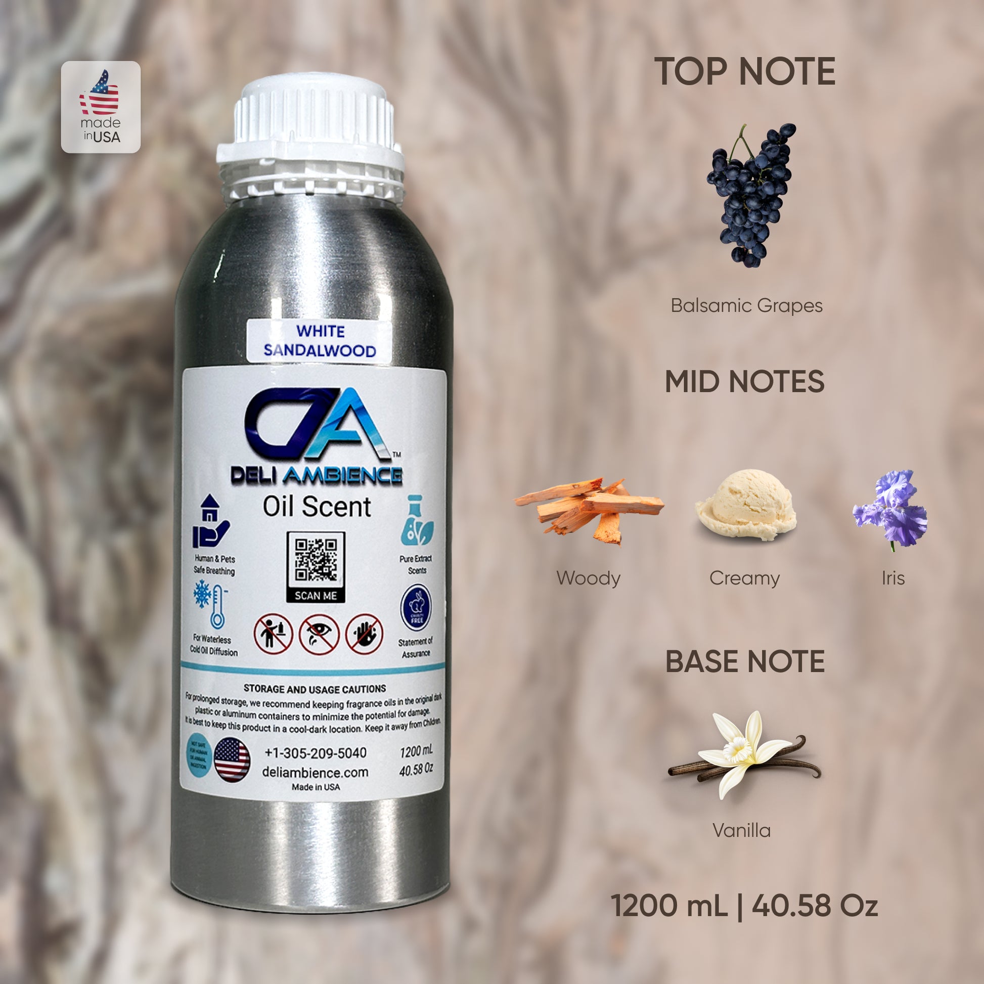 A 1200 ml metal bottle of White Sandalwood Oil Scent by Deli Ambience, infused with exotic spices and featuring notes of balsamic grapes, woody tones, creamy iris, and vanilla. The product is accompanied by images illustrating each note.