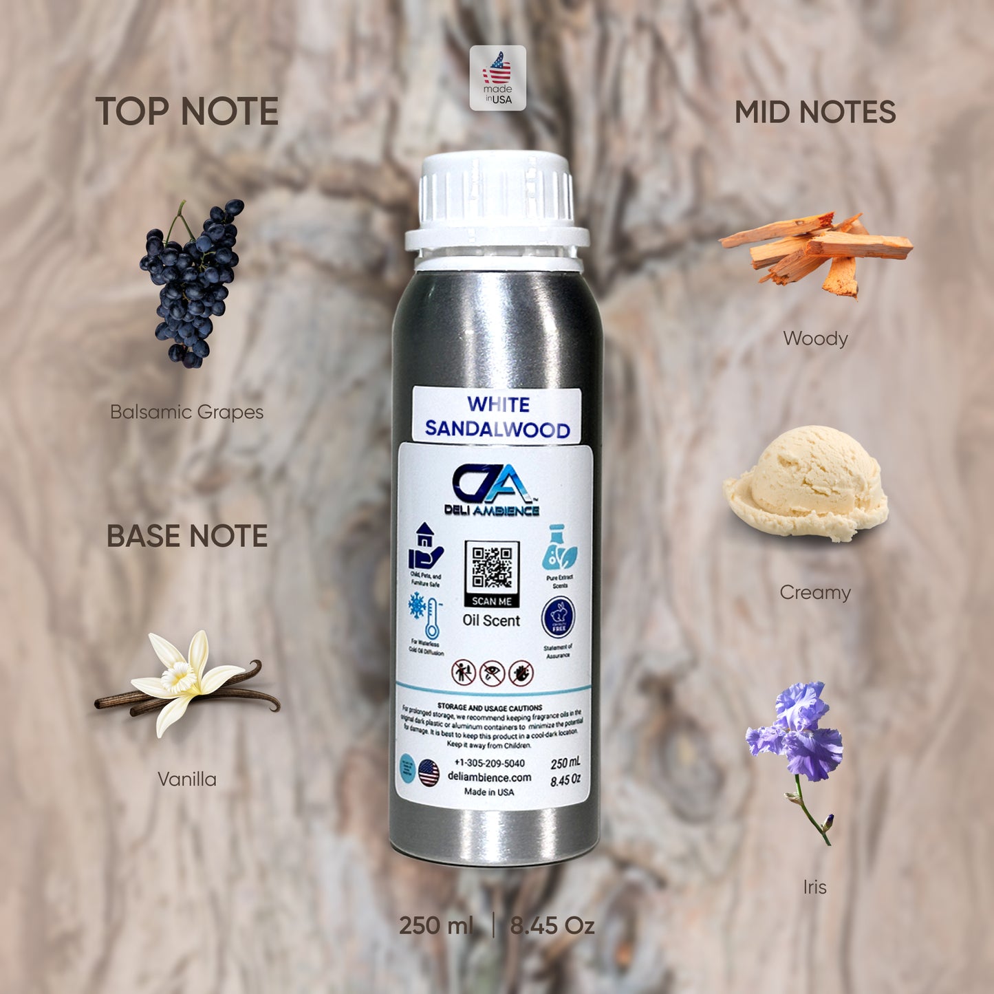 Image of a White Sandalwood Oil fragrance bottle featuring top notes of balsamic grapes, mid notes of woody and creamy undertones, and a base note of vanilla and iris intertwined with hints of exotic spices. Contains 250 ml (8.45 oz).