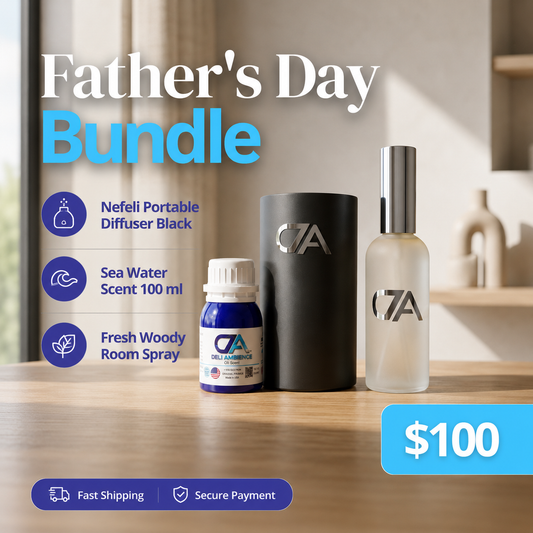 Father’s Day Bundle: Includes portable diffuser, 100ml sea water scent, and fresh woody room spray with a masculine aroma. Priced at $100. Fast shipping and secure payment available.