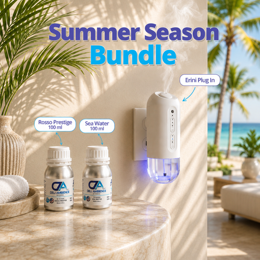 The Summer Season Bundle includes a white Erini plug-in diffuser and two 100 ml fragrance oils—Rosso Prestige and Sea Water—ideal for creating a refreshing tropical atmosphere outdoors.