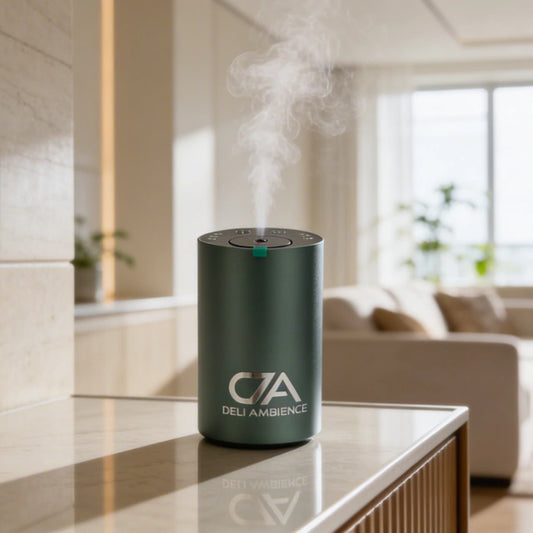 A cylindrical Nefeli Oil Diffuser emits vapor on a countertop in a bright, modern living room.