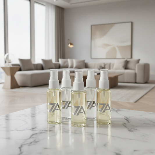 Five Mini Room Spray bottles are arranged on a marble surface in a modern living room with neutral decor and large windows.