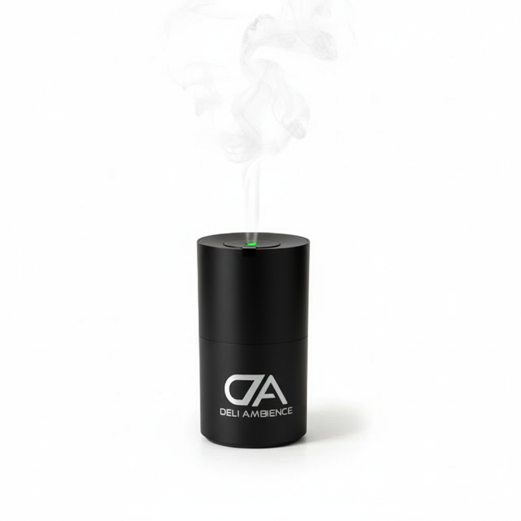 A black cylindrical Nefeli Oil Diffuser releases visible vapor from the top against a white background.