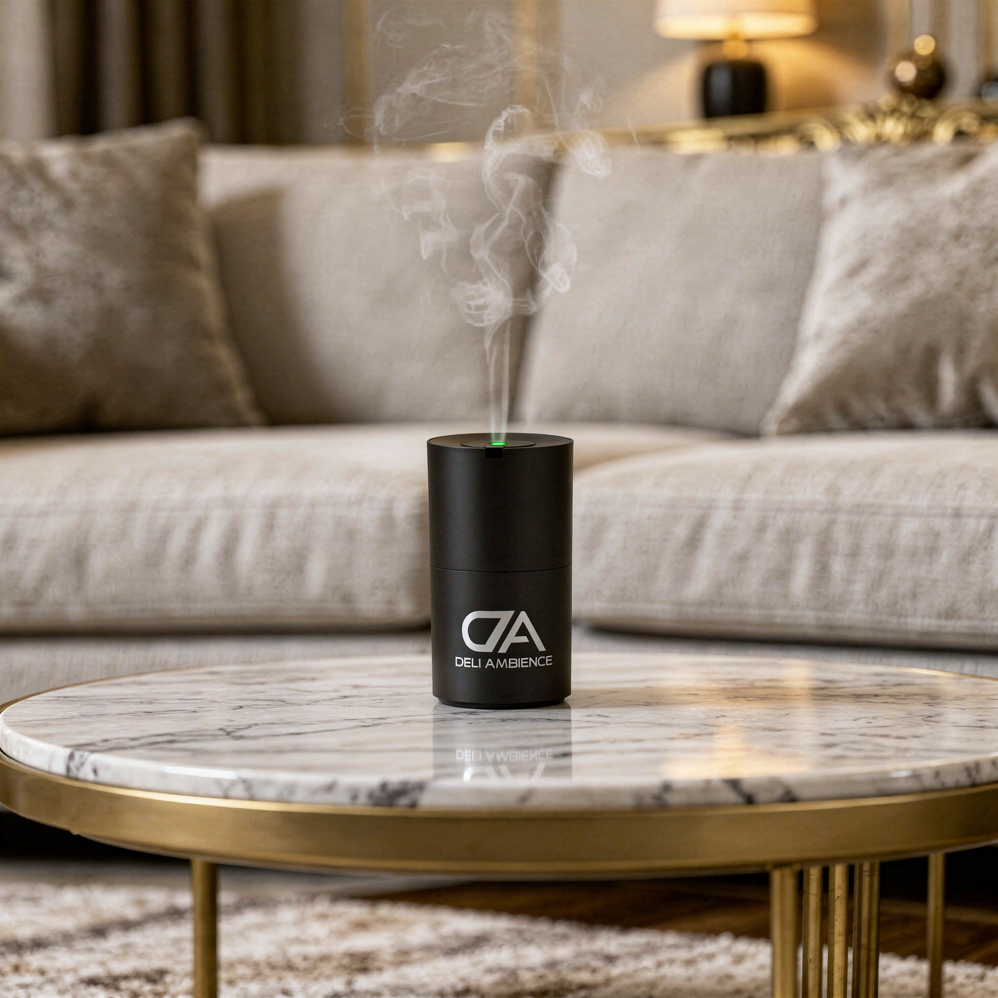 A black Nefeli Oil Diffuser releases vapor on a marble coffee table before a beige sofa in a modern living room.
